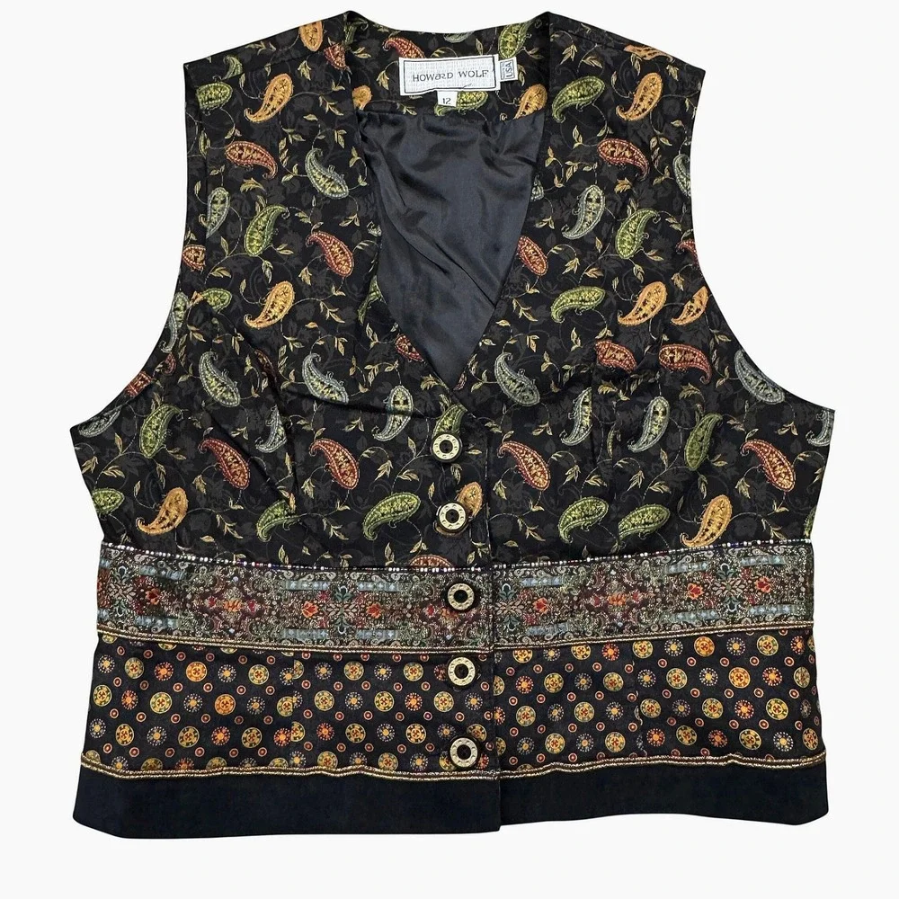 Vintage Howard Wolf Paisley Vest Women's Size 12 Black Gold Red Green‎ Blue Boho